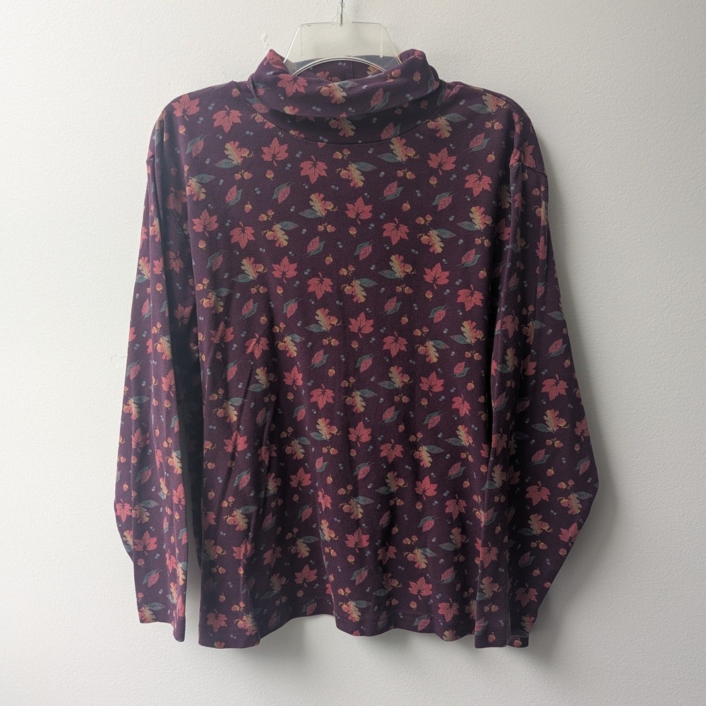 Vtg 90s Woolrich Turtleneck Plum Purple Leaf Acorn Print Long Sleeve Sz L